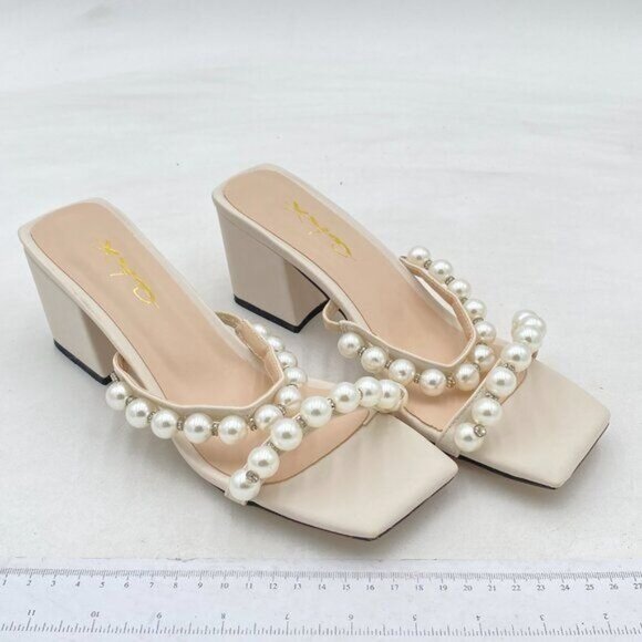 XYD White Square Open Toe Pearls Dual Straps Slides Sandals Slip On Mules Shoes - Picture 4 of 8